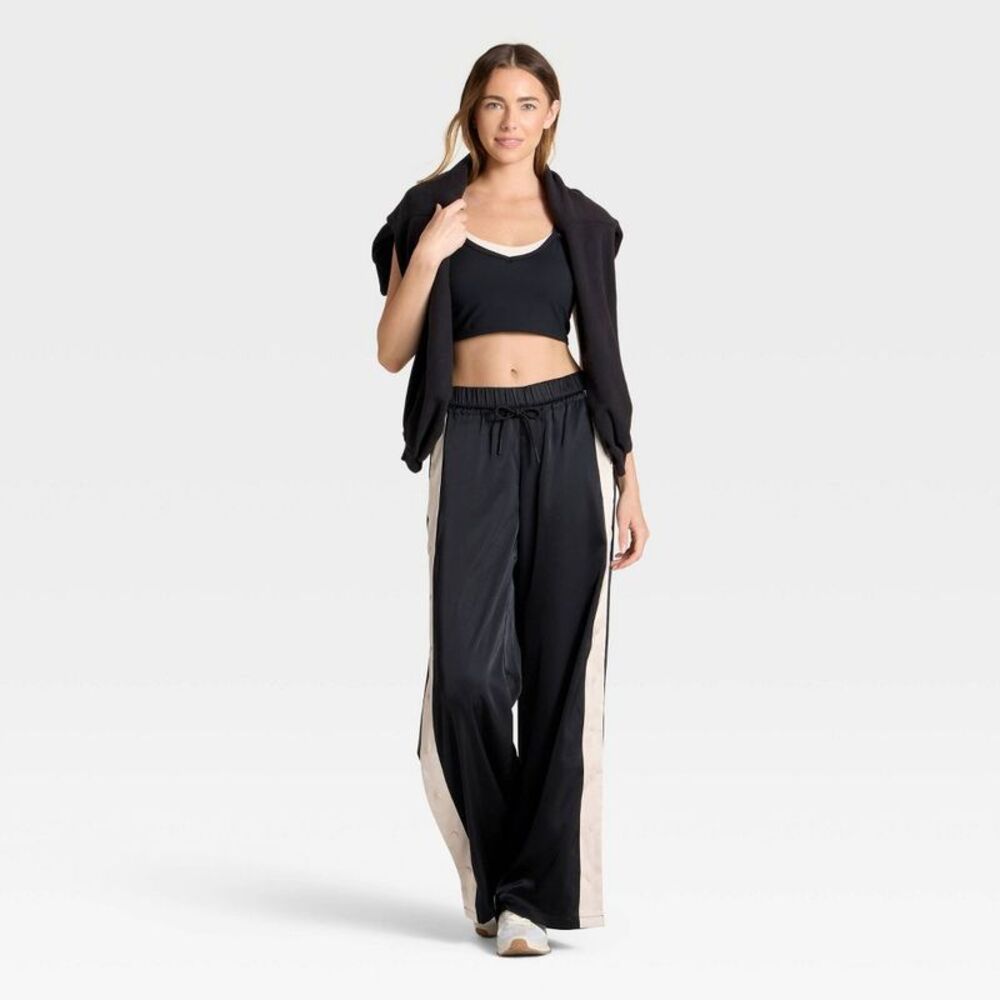 JoyLab Black Satin Feel Wide-Leg Track Pants with Cream Side Stripe - Picture 3 of 3